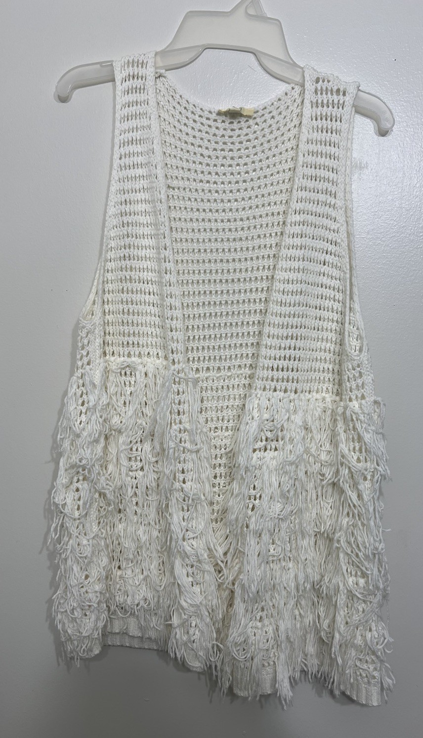 Women’s Kori America Open Vest Cardigan Cream Boho Fringe Crochet Size M/L