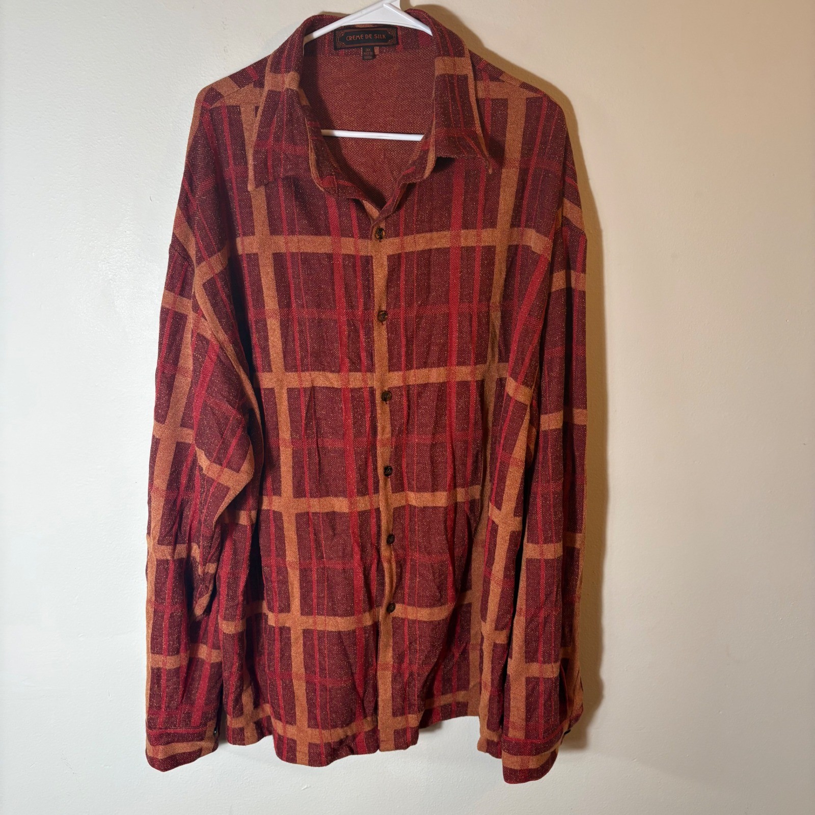 Vintage Creme de Silk Burnt Red Plaid Silk Button Front Blouse Made in Korea 3X
