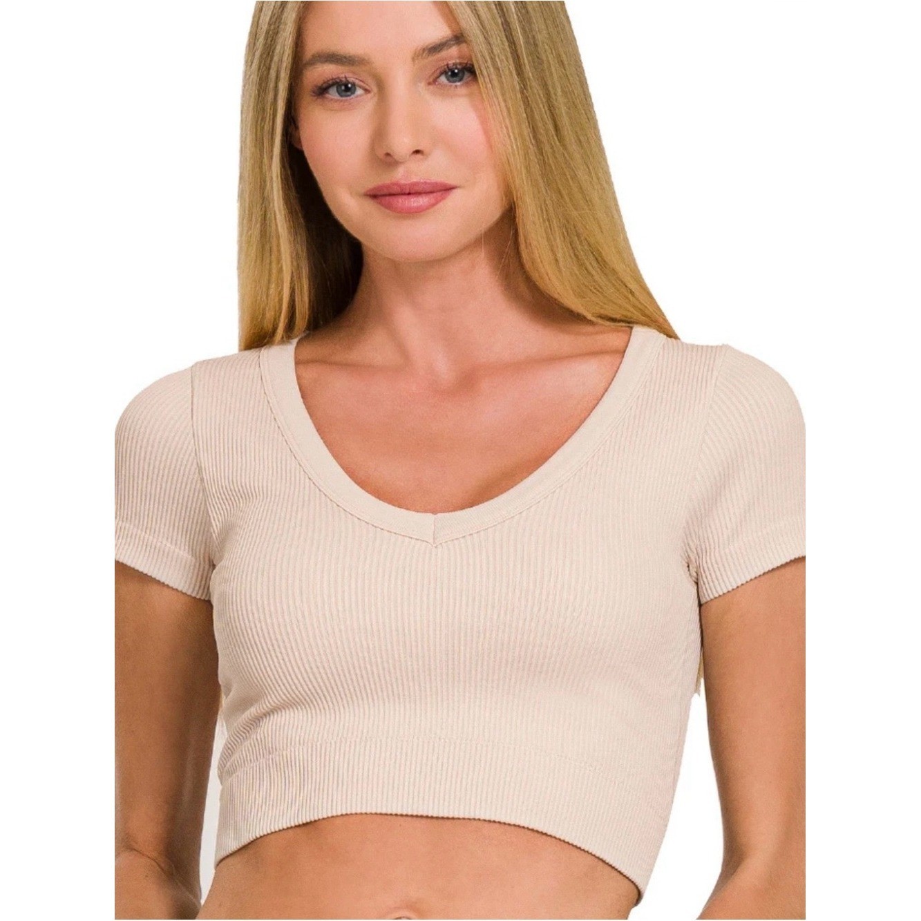 Ribbed V-Neck Crop Top – Beige
