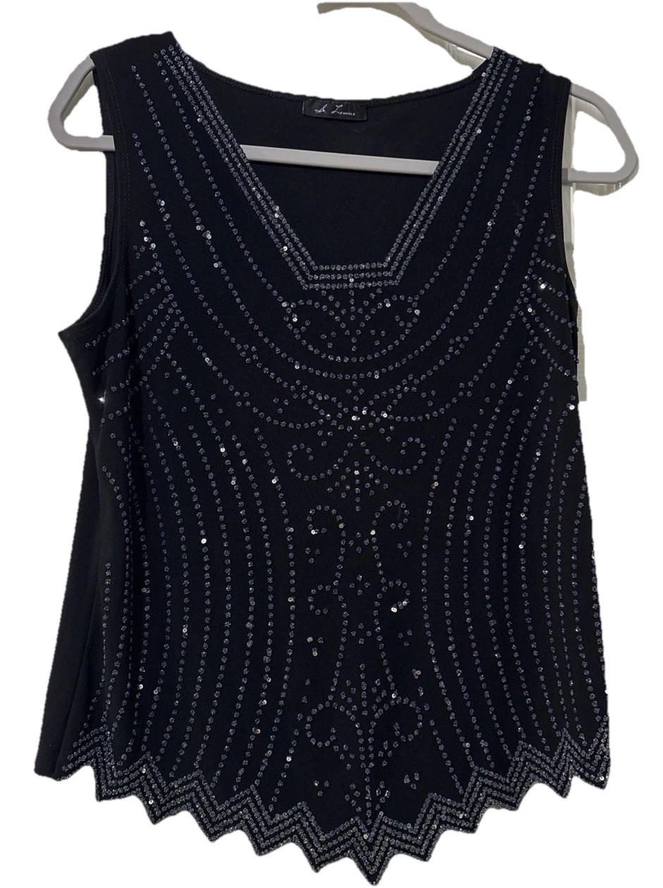 S. Levine Beaded Sequin Cami Size M/L? Black Stretch Glamour Goth Night Out