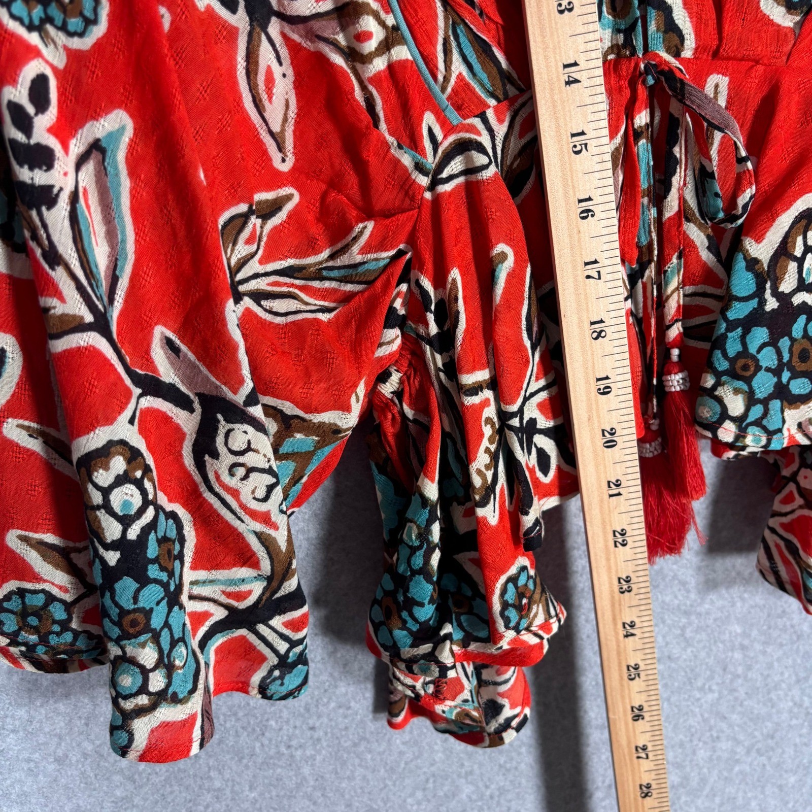 Band of the Free Kimono Top Small Red Floral Boho Bell Sleeve Tassel Tie Front