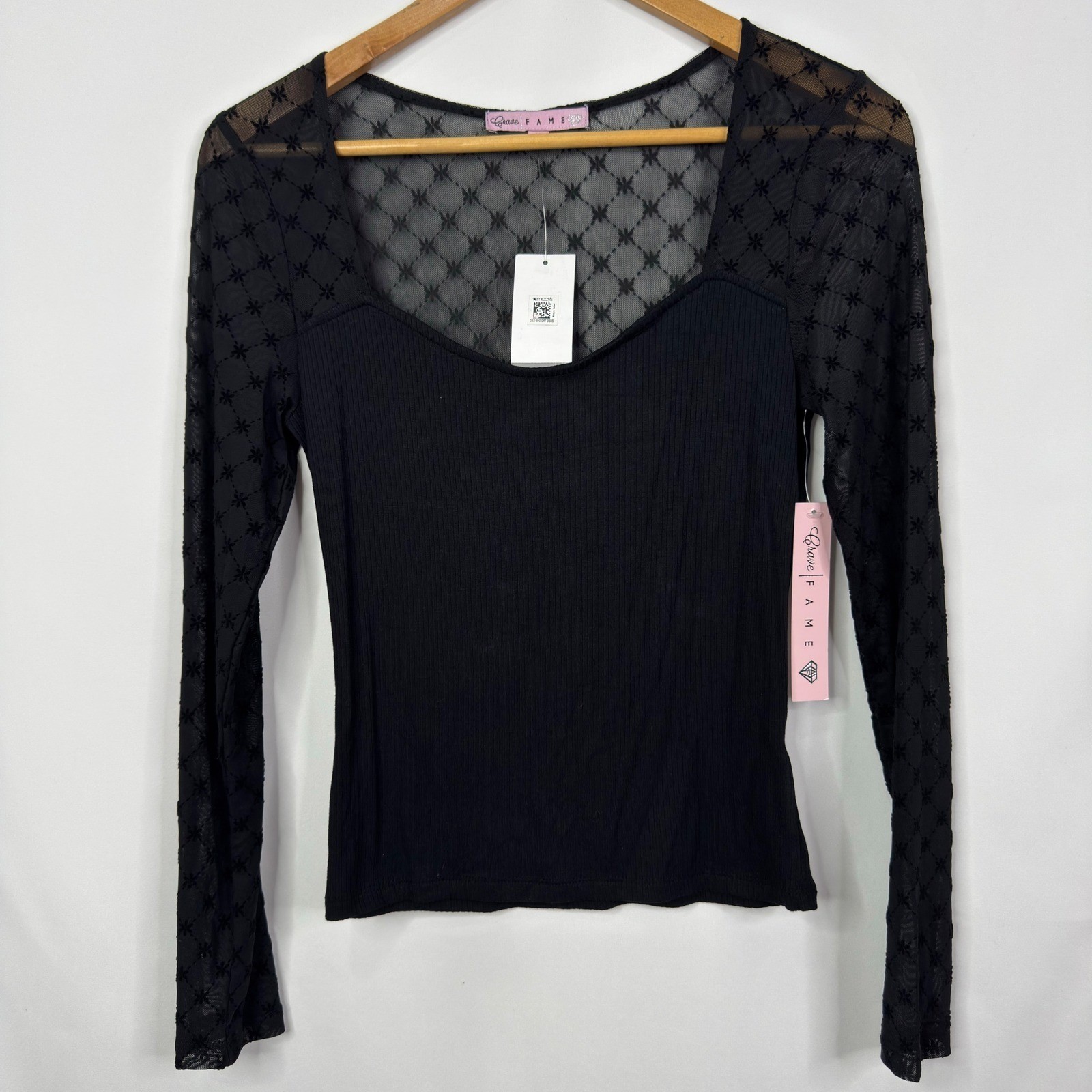 Glace Fame Black Sheer Mesh Star Inset Sweetheart Neck Long Sleeve Top M NWT