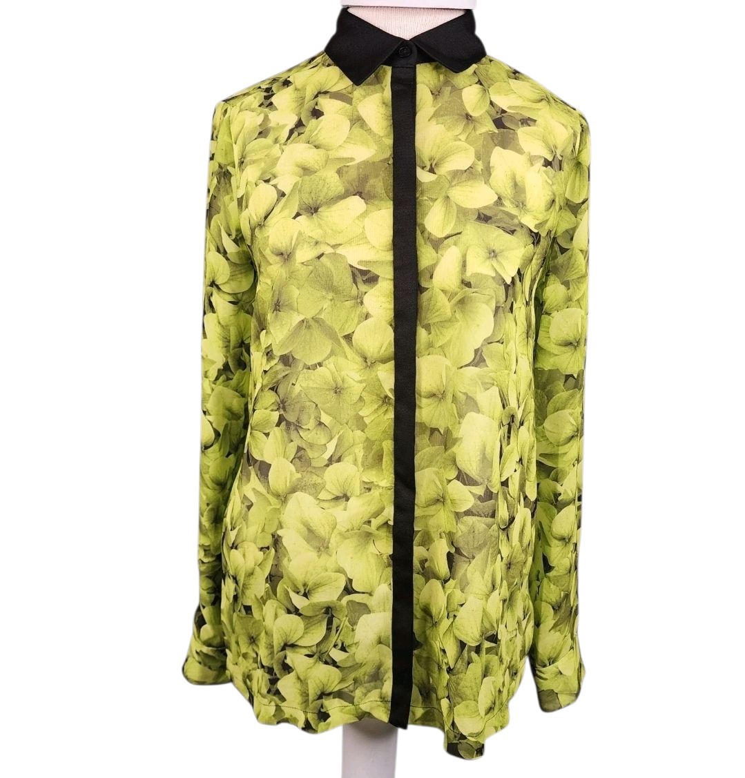Michael Michael Kors Floral Blouse Women’s Small Green Yellow Long Sleeve Sheer