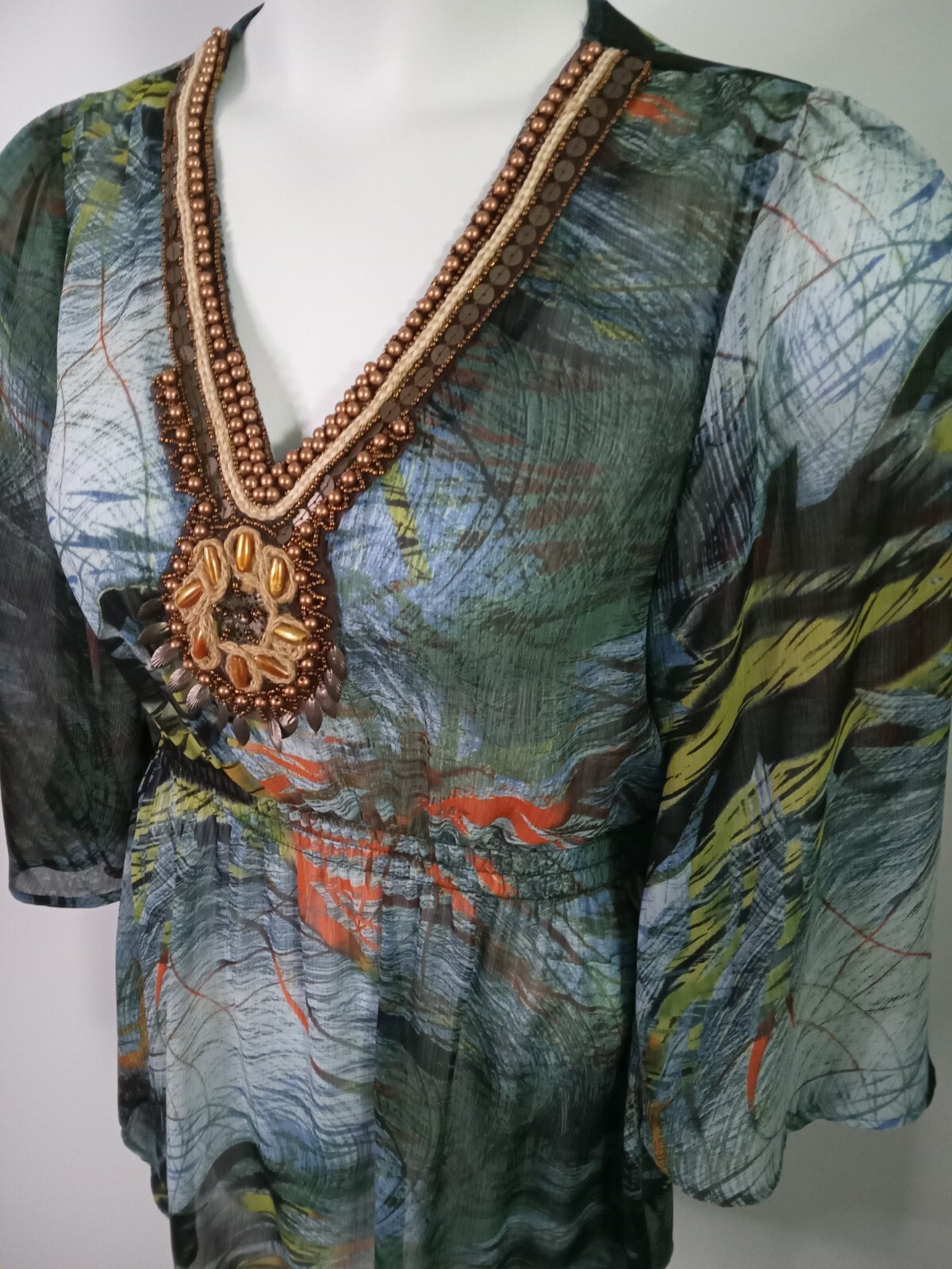 MUSHKA By SIENNA ROSE Women’s Medium Sheer Watercolor Tunic Beads Embroidery Top