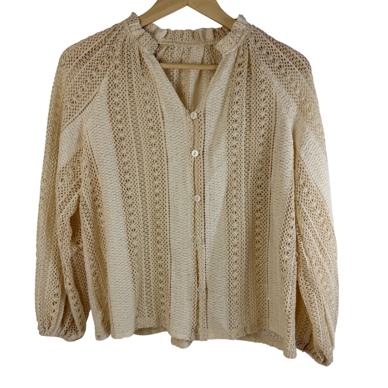Boho Crochet Lace Blouse Cream Cottagecore Button Front Top M