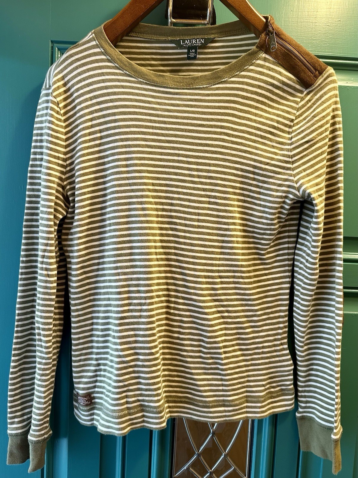 Lauren Ralph Lauren Striped Suede Shoulder Zipper Top Sz L Olive Green