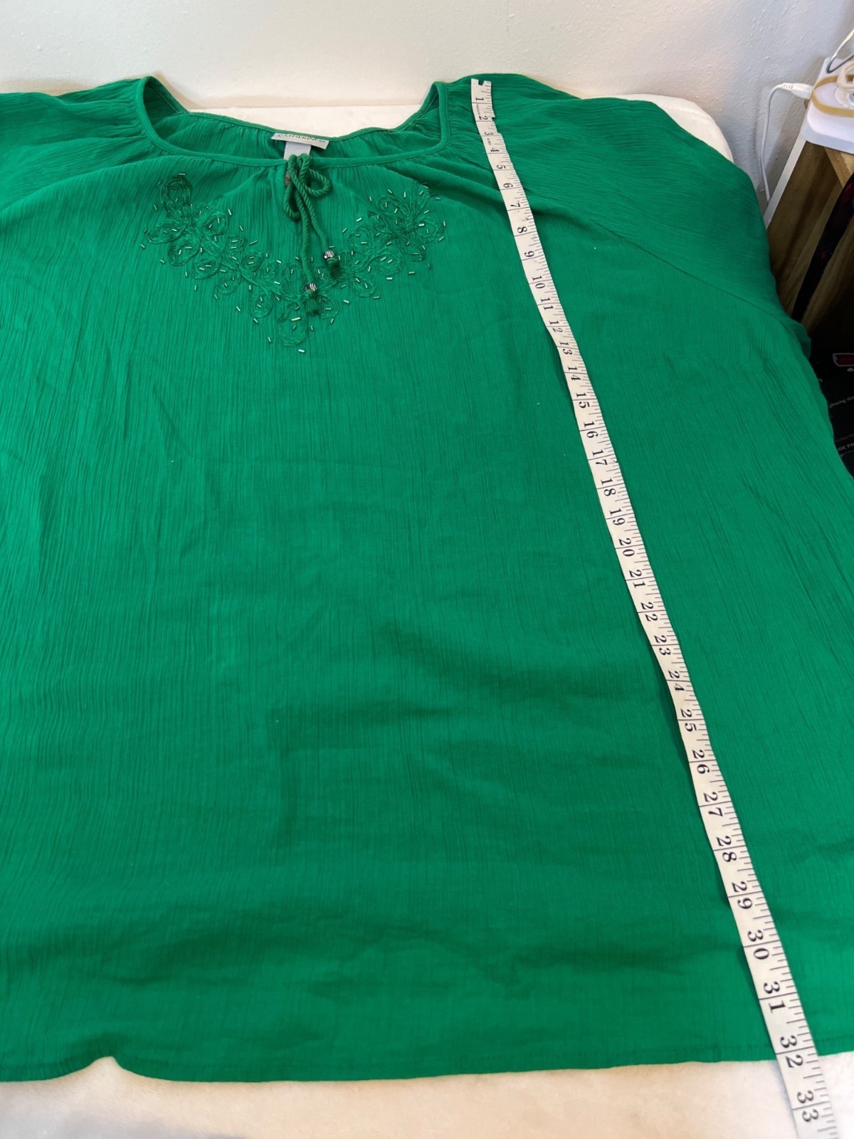 Catherine’s 5X 34/36W Kelly Green Blouse Tassels Tie Lightweight Spring Beading