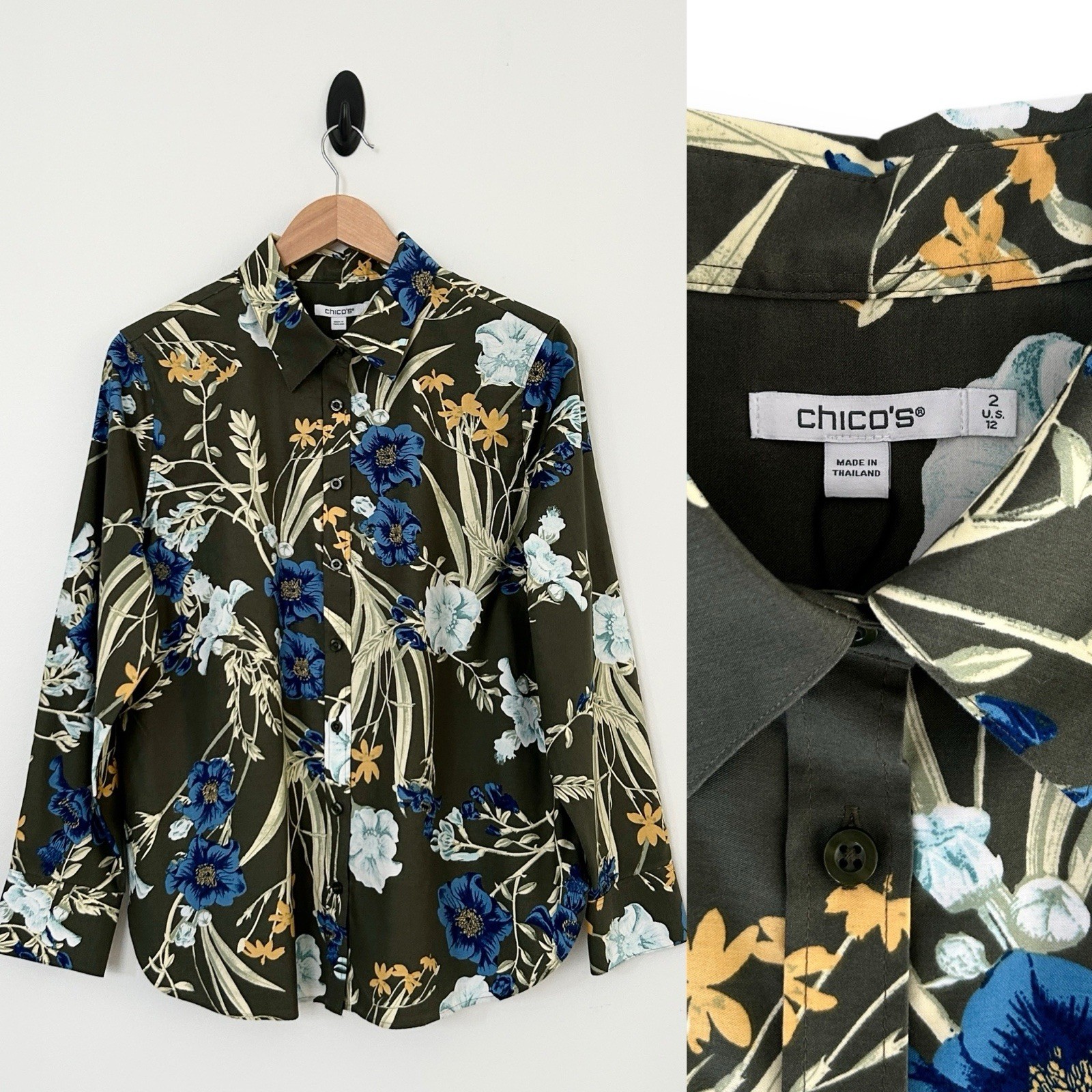 Chico’s Women Large Size 2 Green Multicolor Floral Long Sleeve No Iron Shirt NWT