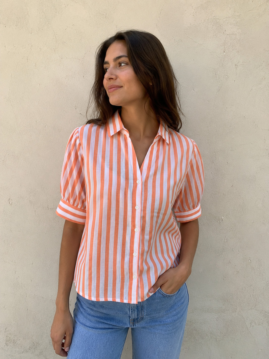 Unique Spectrum Womens striped collared button down elbow sleeve Blouse