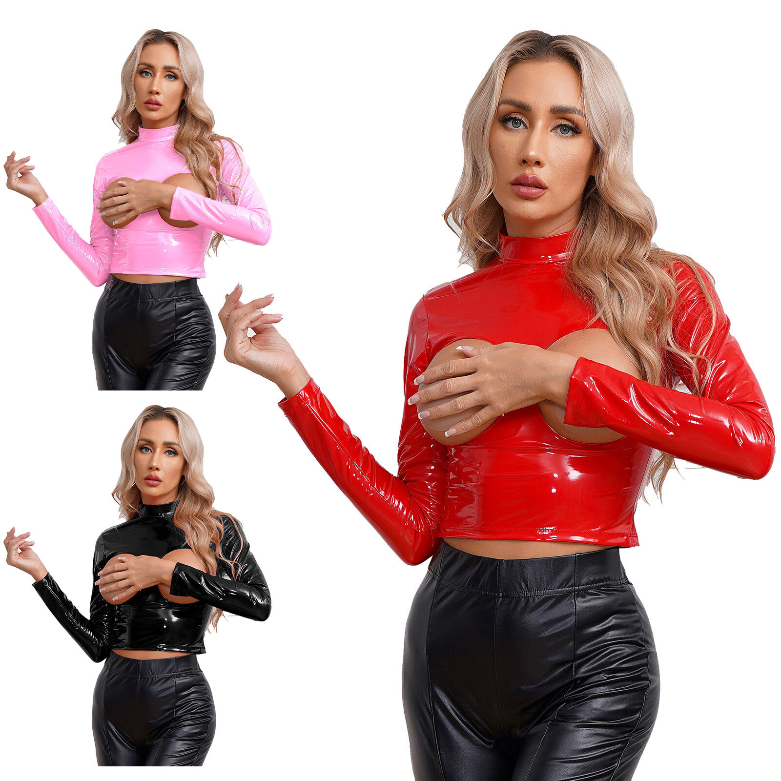 US Womens Sexy Crop Top Breast Hollow out Nightwear PVC Leather T-Shirt Clubwear