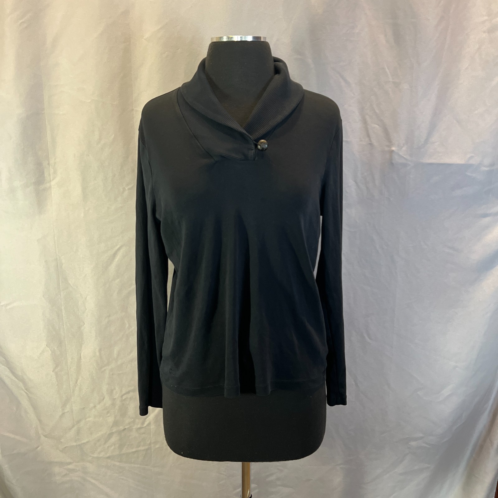Lauren Ralph Lauren Top Women Large Petite Black Ribbed Shawl Collar Long Sleeve
