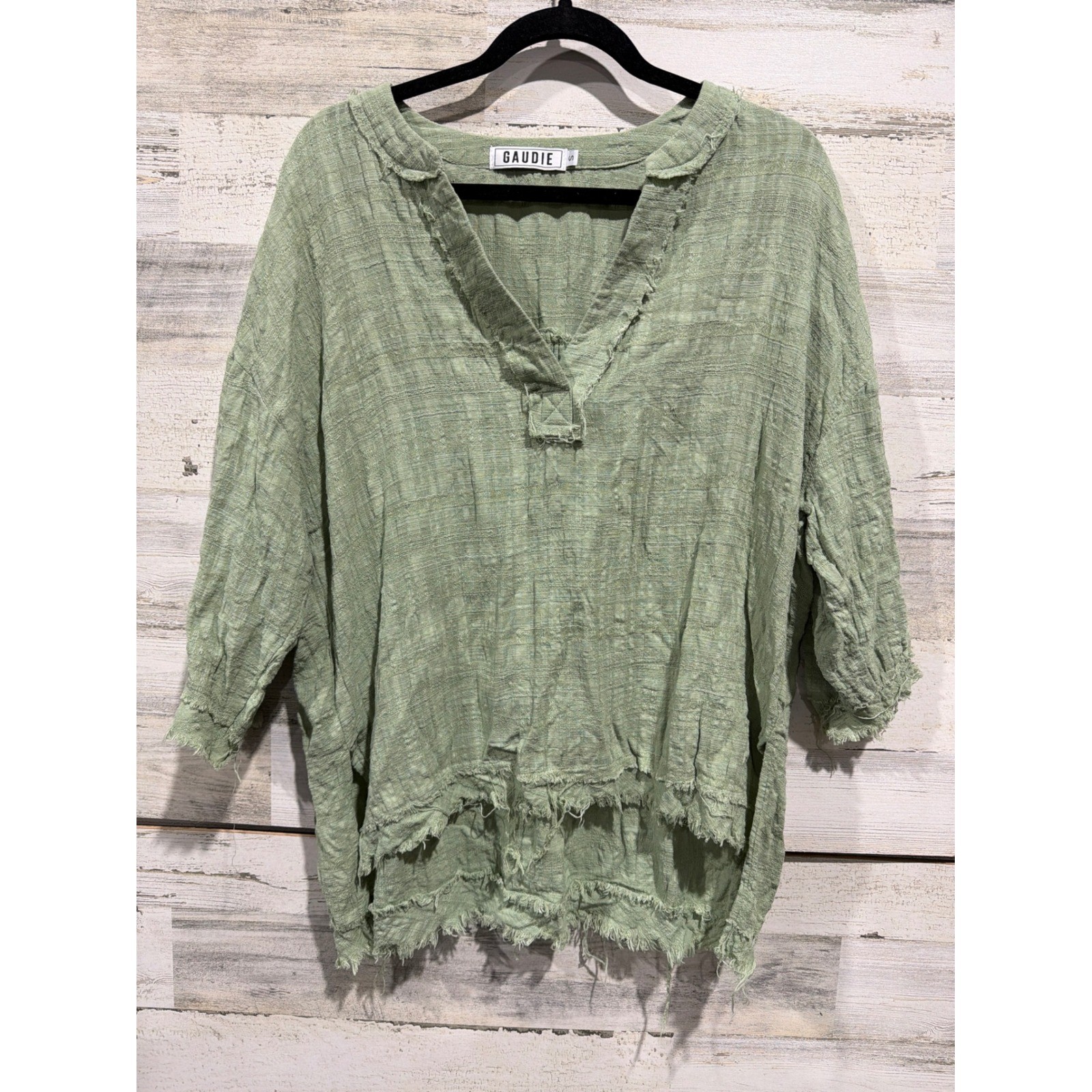 Gaudie V-Neck Blouse Women S Green Raw Edge Distressed Oversized Boho Lagenlook