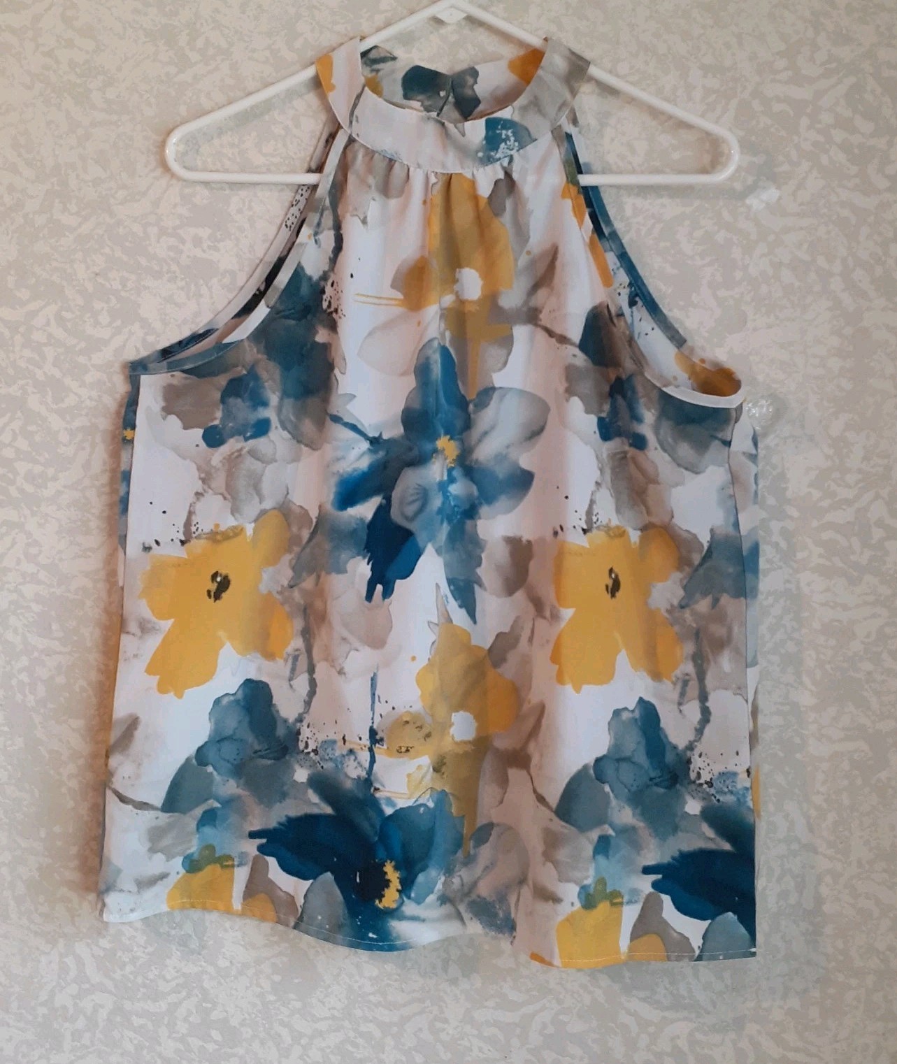 Womens Top Halter Silky Look Flowy Artsy Floral Blue Yellow Size L