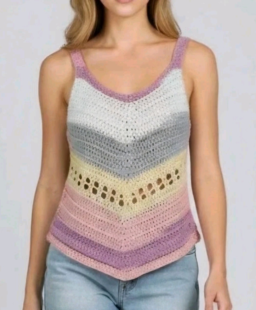 Handmade Crochet Sleeveless Top Womens Medium Multicolor Knit Lightweight