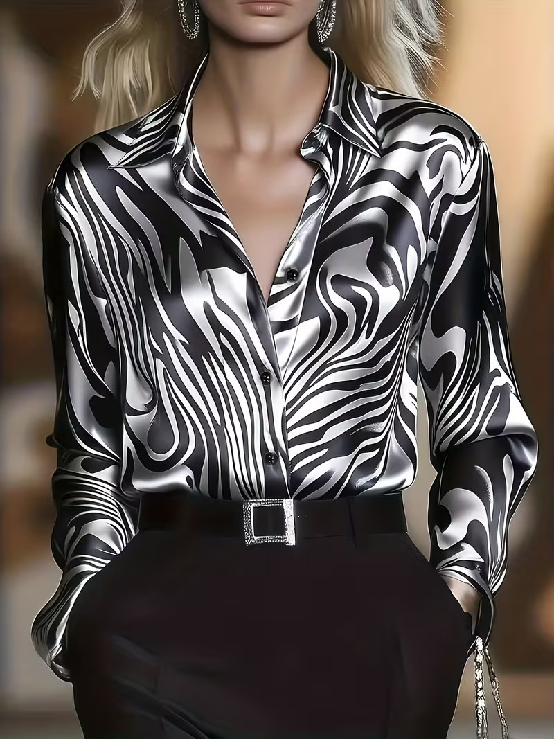 New Sexy Sultry Black & Silver Zebra Print Silky Satin Secretary Blouse Plus 4XL