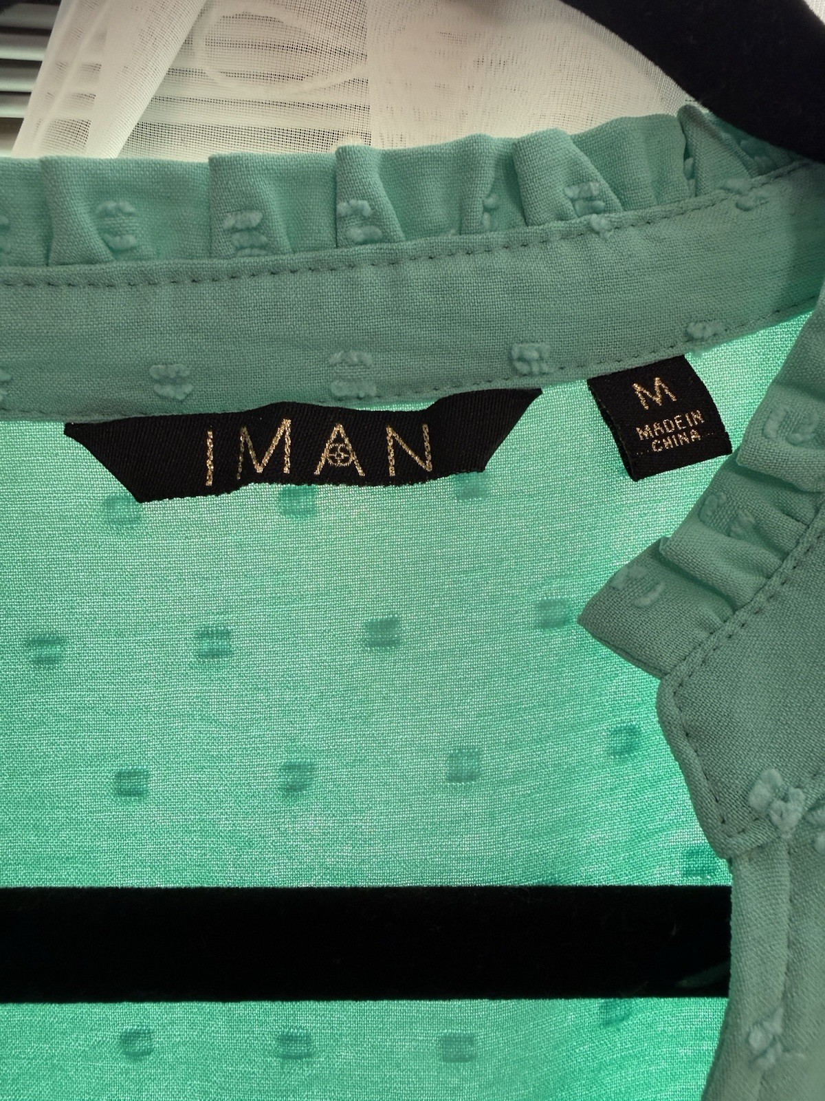 IMAN Global Chic Top Medium Mint Green Swiss Dot Ruffle Neck Split V Blouse NWOT