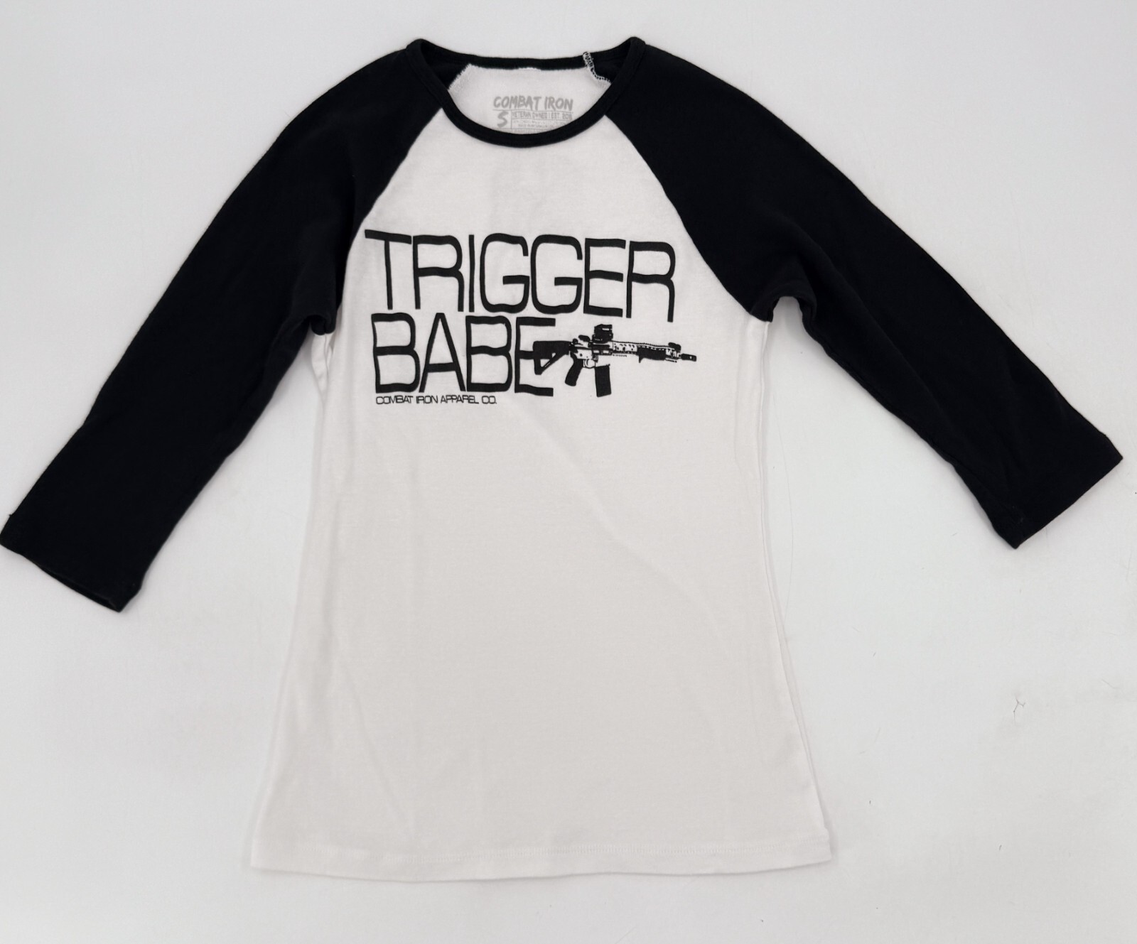 Combat Iron Shirt Womens Small White T-Shirt Trigger Babe Raglan Sleeve