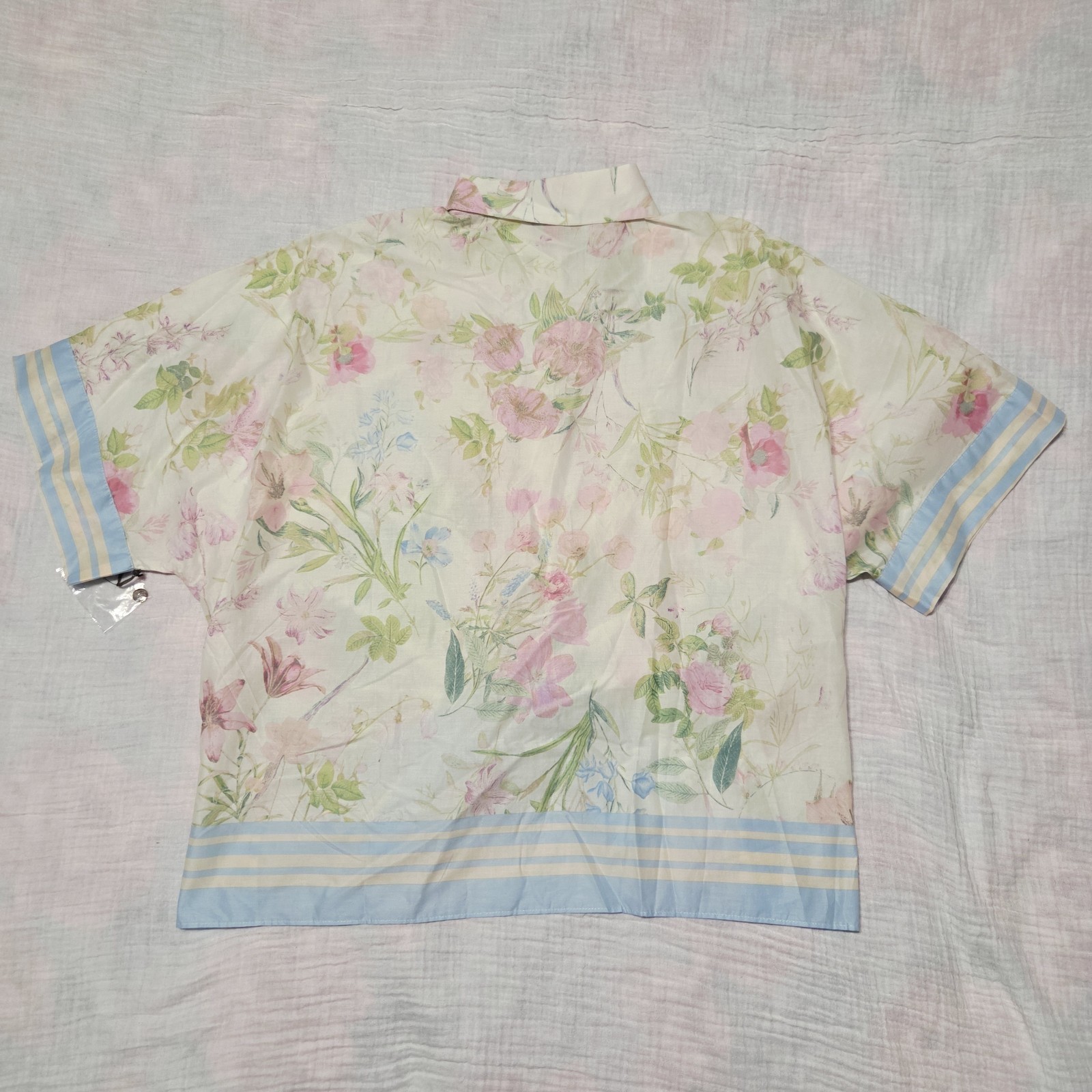 Vince Camuto Floral Tie-Front Button Down Blouse Top Blue Striped Trim Size S