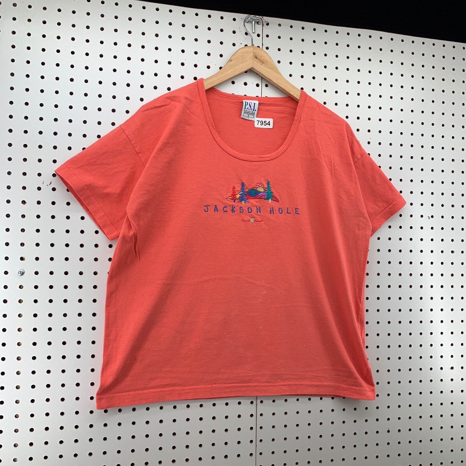 Vintage 90 Jackson Hole Shirt Womens Large Coral Pink EMbroidered 21×23.5