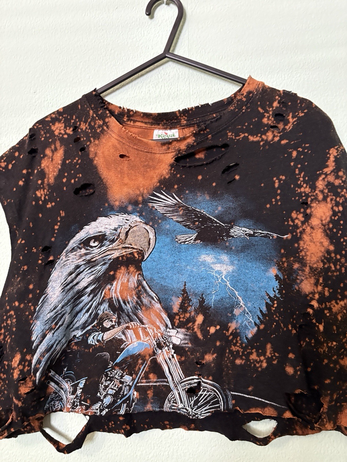 Vintage Motorcycle Bleached Distressed Cropped T-shirt Size Medium Grunge Boho