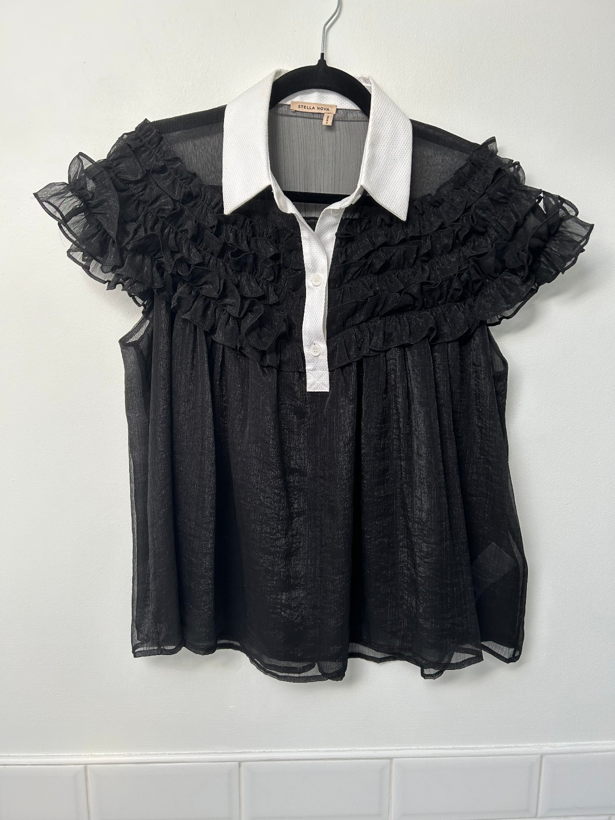 STELLA NOVA Black Sheer Chiffon Short Sleeve White Collar Blouse S UK8-10 £220