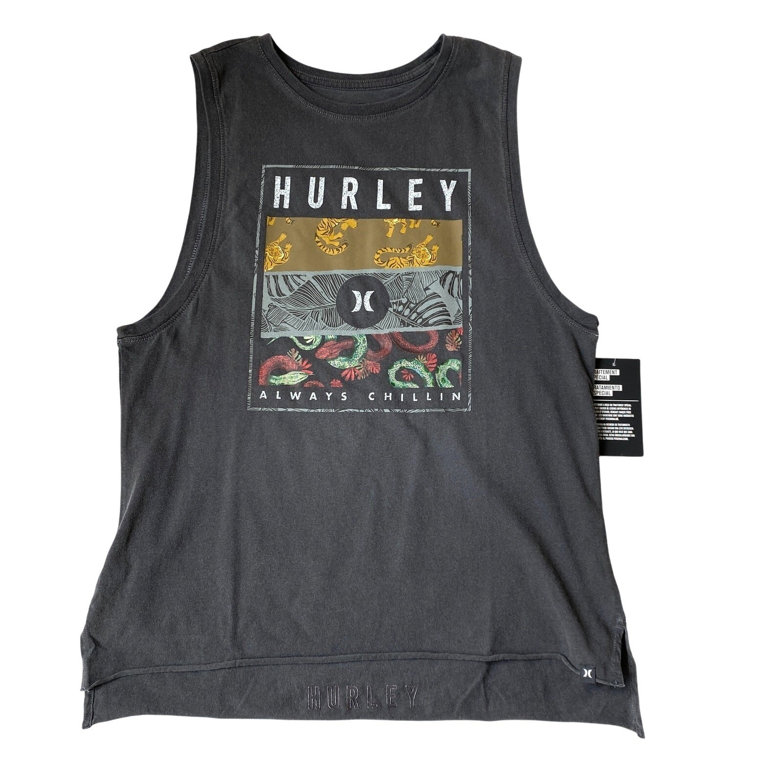 Hurley Tiger Snake Print Biker Tank Top Women S Gray Skater Streetwear Beach NWT