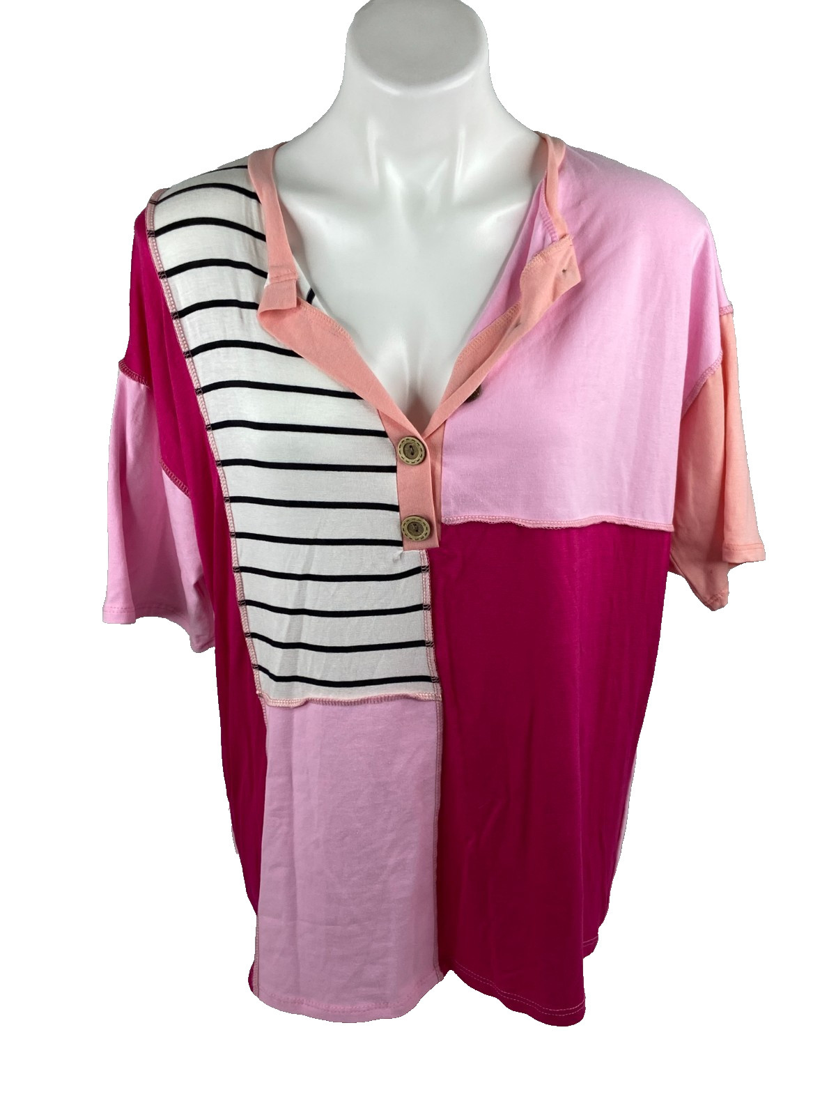 Bibi Women Medium Pullover Blouse Color Block Pink V Neck Button Casual NWT