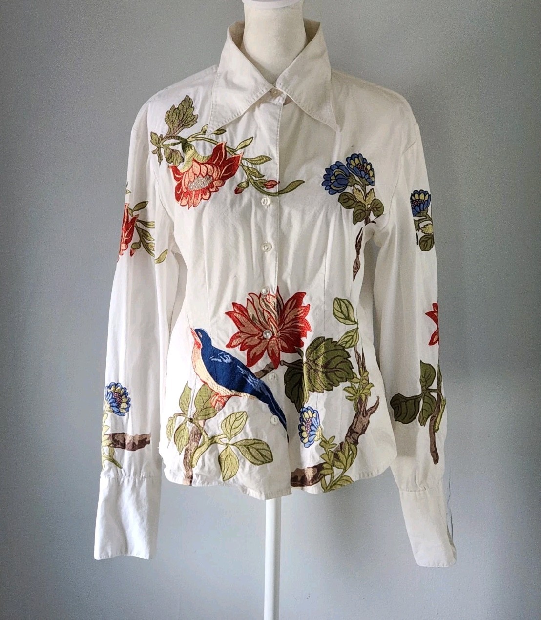 Samuel Dong Women’s Long Sleeve Button-up Shirt Vibrant Embroidery Nature Size M