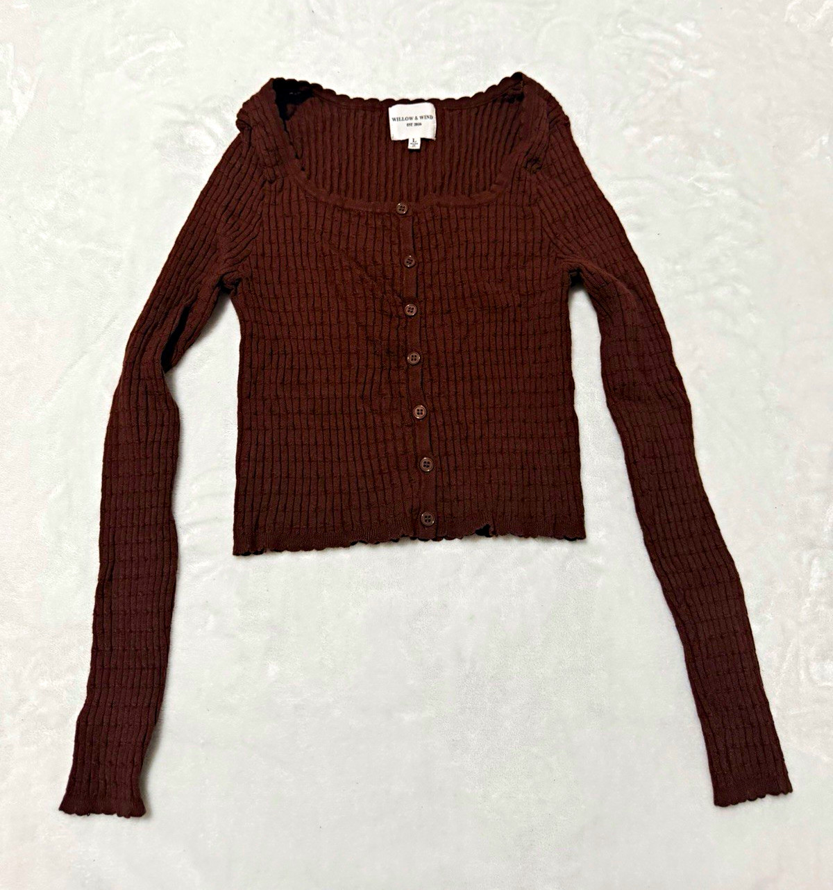 Willow & Wind Brown Ribbed Button Front Long Sleeve Crop Top Women’s Size L