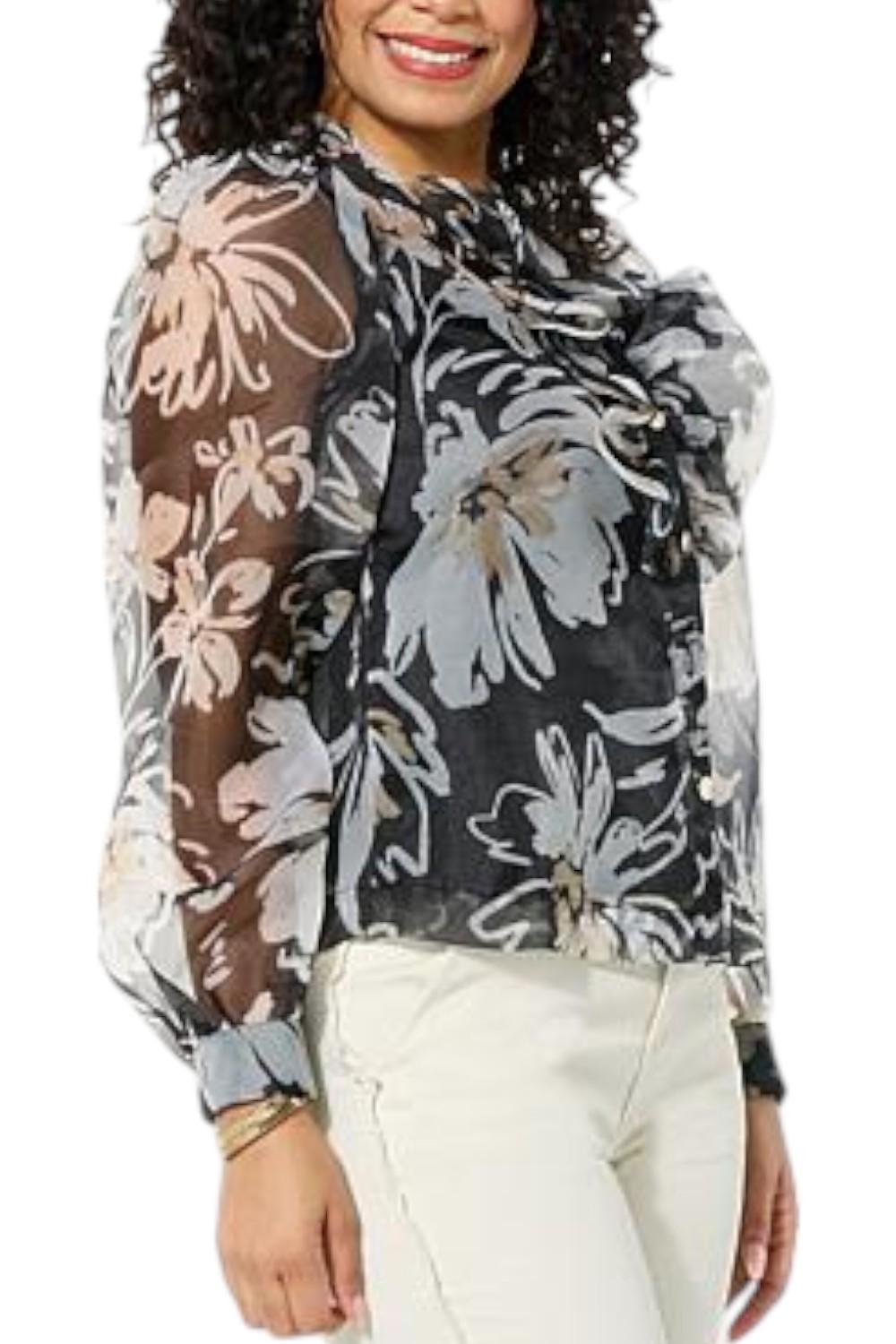 C Wonder Women’s Ruffle Organza Topper Inked Floral Black