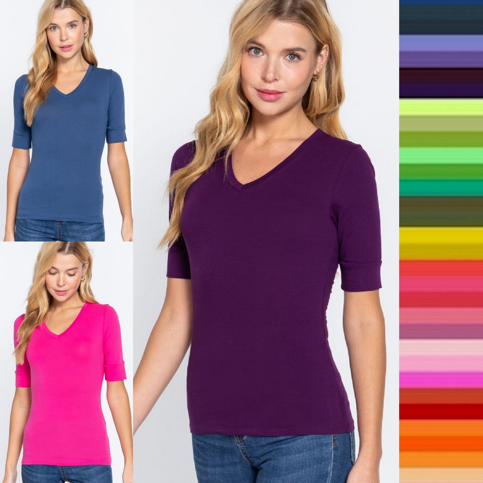 Junior Petite Women’s V-Neck 3/4 Sleeve Basic Top Soft Stretch Cotton T Shirt