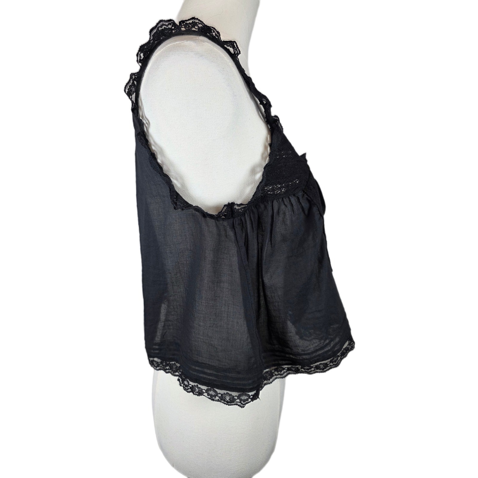 Free People XS Black Oversized Cotton Cami w/Lace Trim & Button/Tie Front