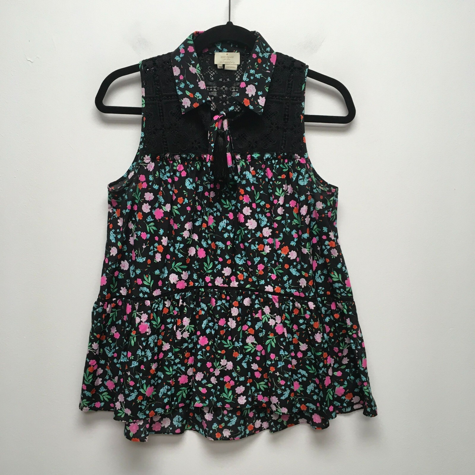 Kate Spade New York Womens Black Pink Floral Tasseled Greenhouse Lace Yoke Top S