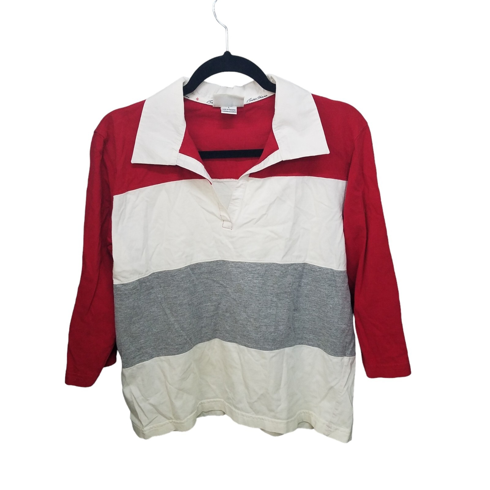 Bill Blass Womens Sz L White Red Striped 3/4 Sleeve Polo Shirt