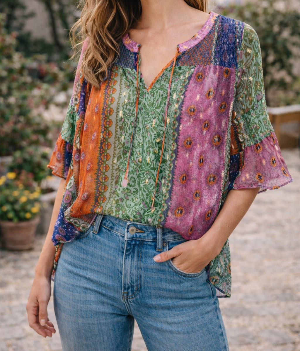 Akemi + Kin Anthropologie Sheer Patchwork Mix Print Boho Top Women’s Size M