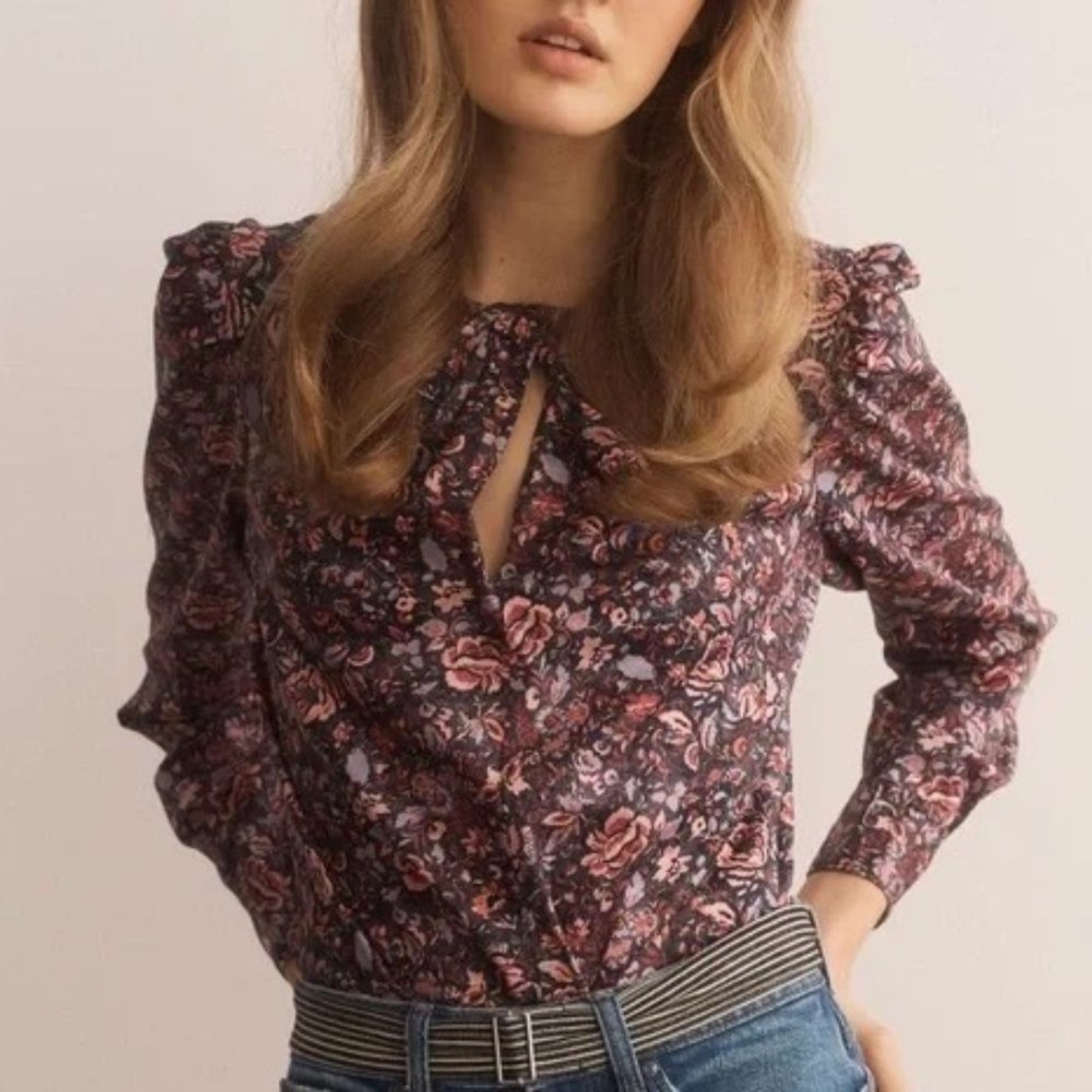 La Vie Rebecca Taylor Size M Toile Fleur Floral Cotton Blouse Keyhole Twist