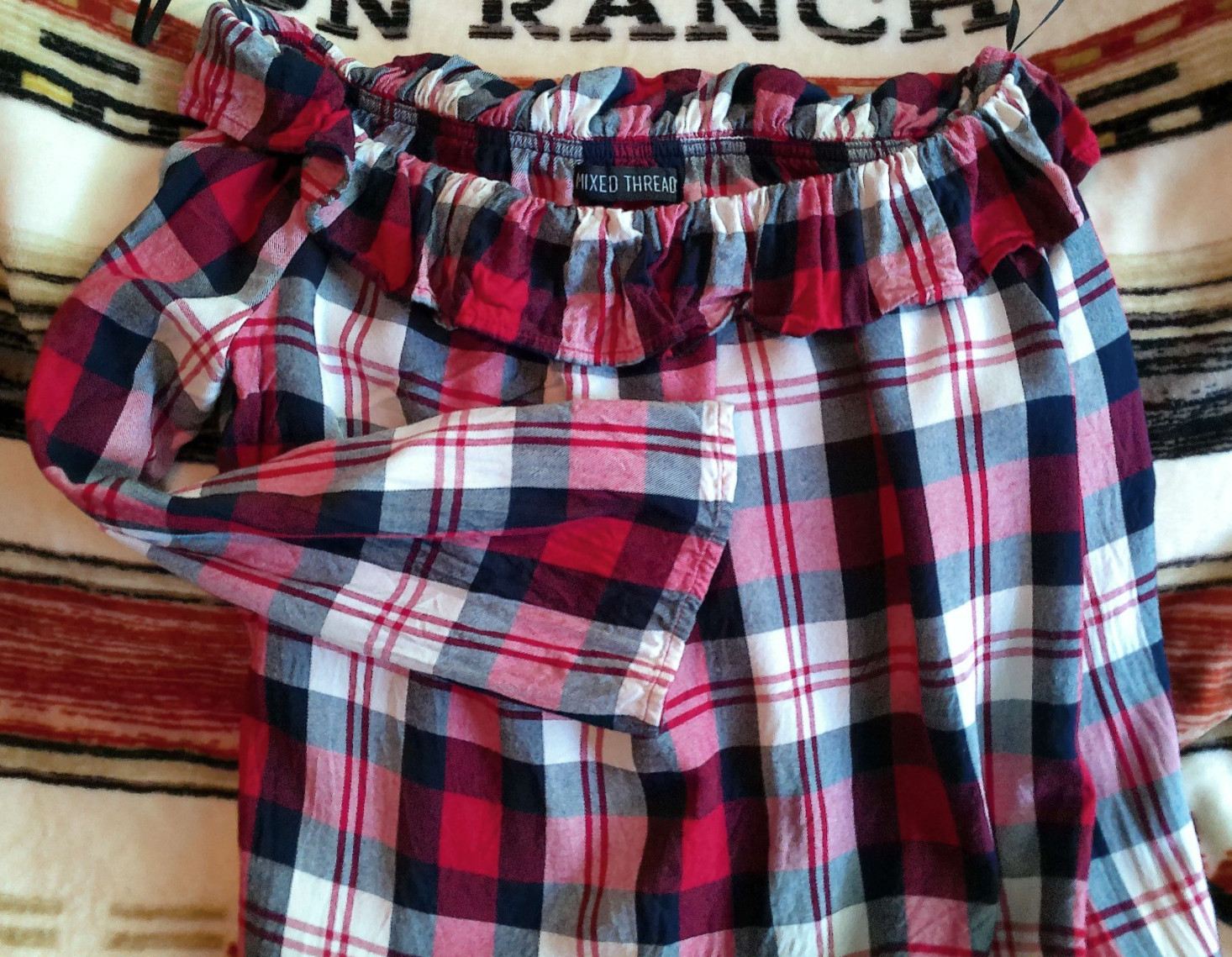 MIXED THREADS WESTERN PLAID OFF SHOULDER SIZE L LSLV RAYON RUFFLE NECKLINE CROPP