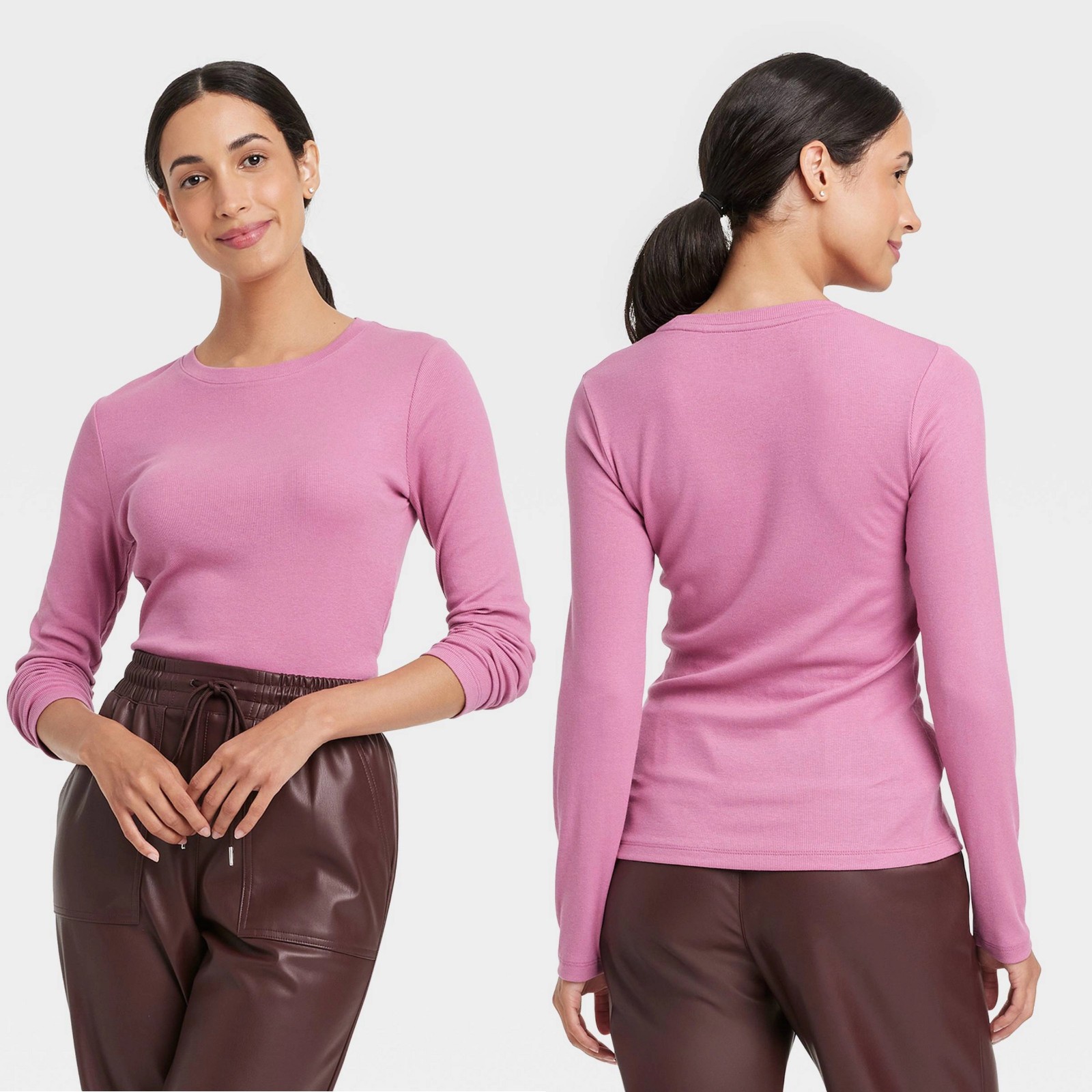 XL – Womens Slim Fit Long Sleeve Ribbed T-Shirt – A New Day – Mauve