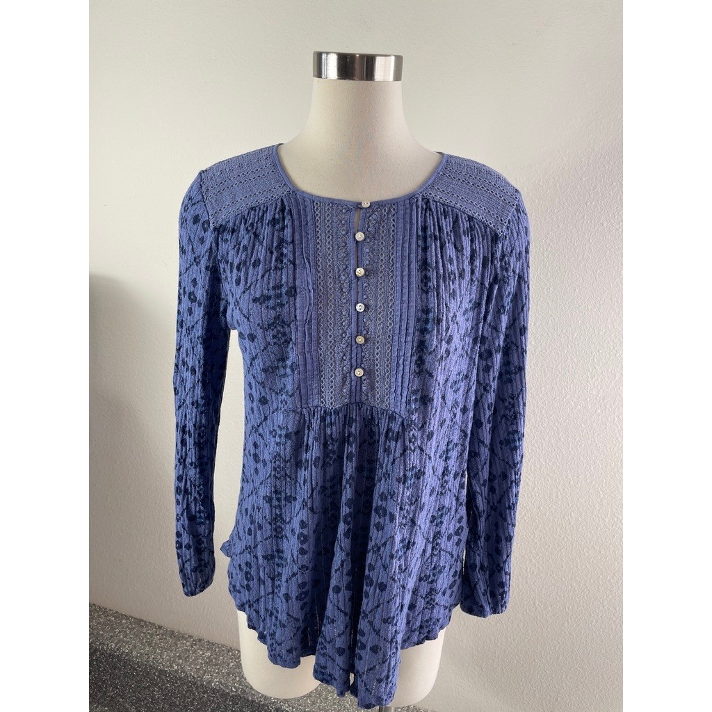 Lucky Brand Womens XL Periwinkle Blue Crochet Lace Knit Top Viscose Linen Blend