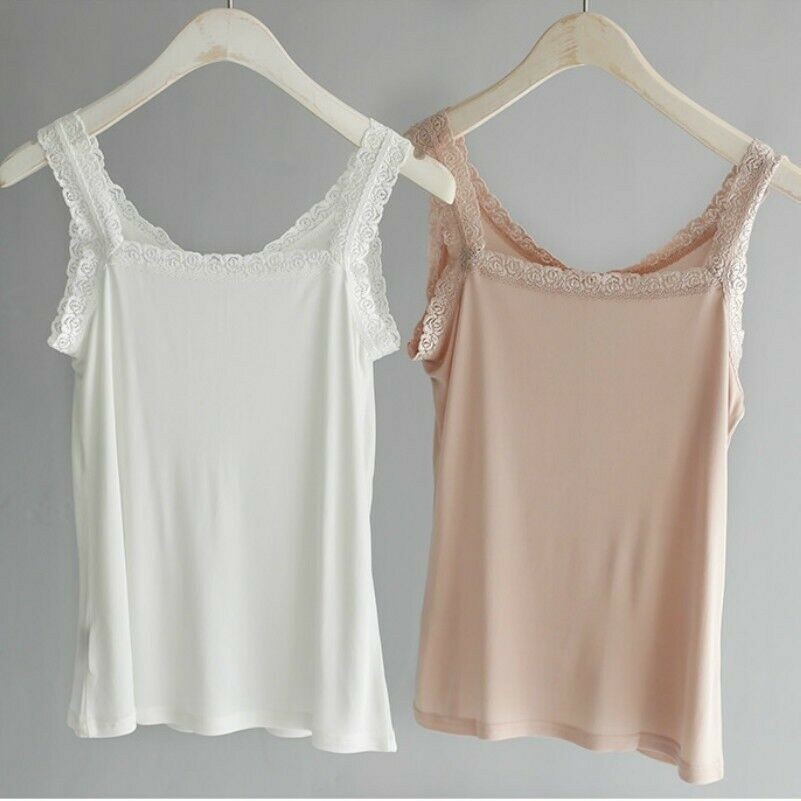 Women Knit Silk Tank Top Camisole Floral Lace Strap Stretch Vest Undershirt