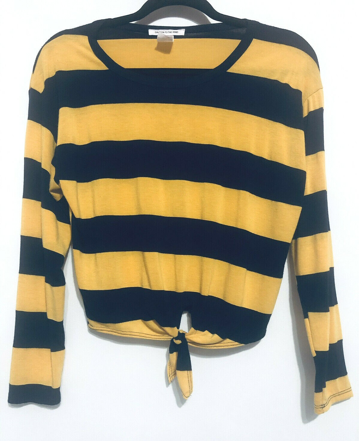 Caution to the Wind Womens Medium Yellow Navy Blue Striped Tie Front Crop Top
