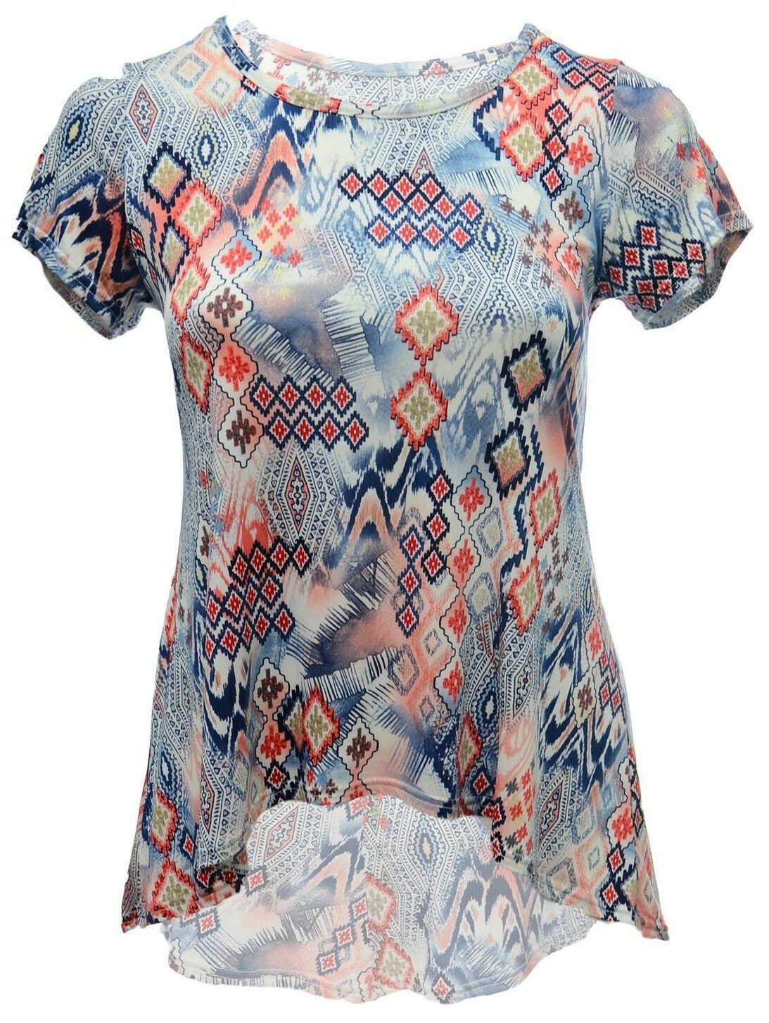 Blue White Red Mix Print Back Dipped Hem T shirt Short Sleeve Top Ladies