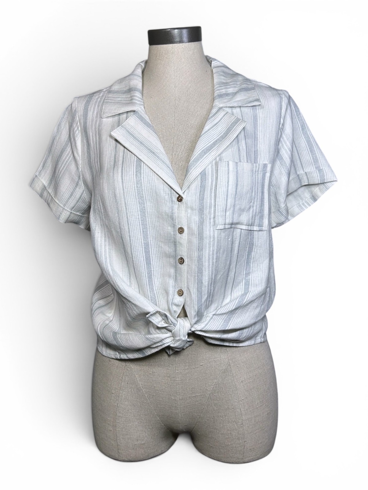 CHASER Tie Front Button Up Crop Top Sz M White Grey Stripe Linen Viscose Blend