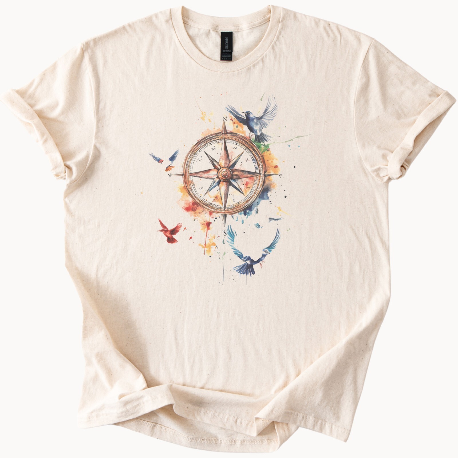 Compass Rose Shirt Watercolor Birds Graphic Nature Adventure Travel Tee