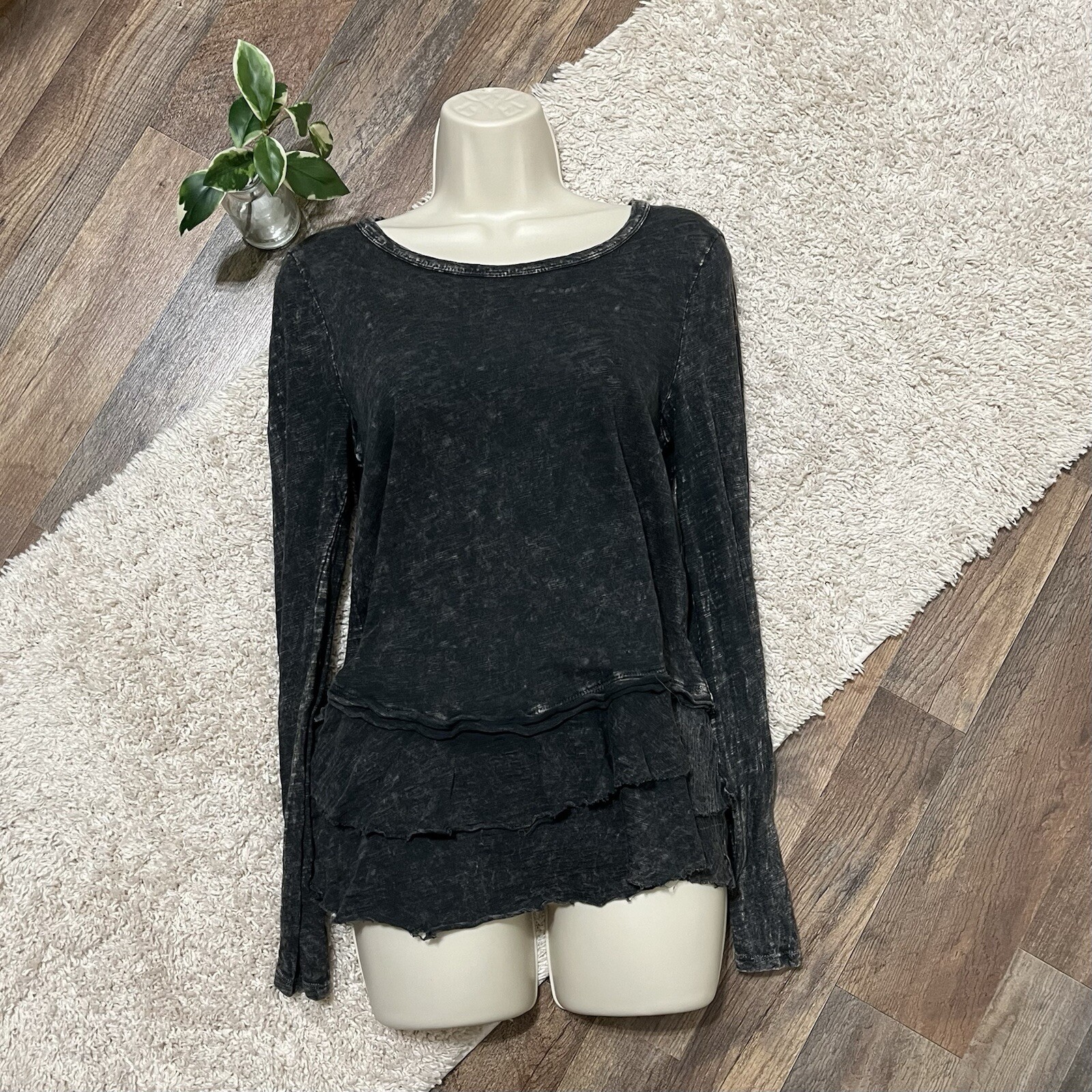 Altar’d State Size Small Black Mineral Wash Bleached Ruffle Tiered Raw Trim Top