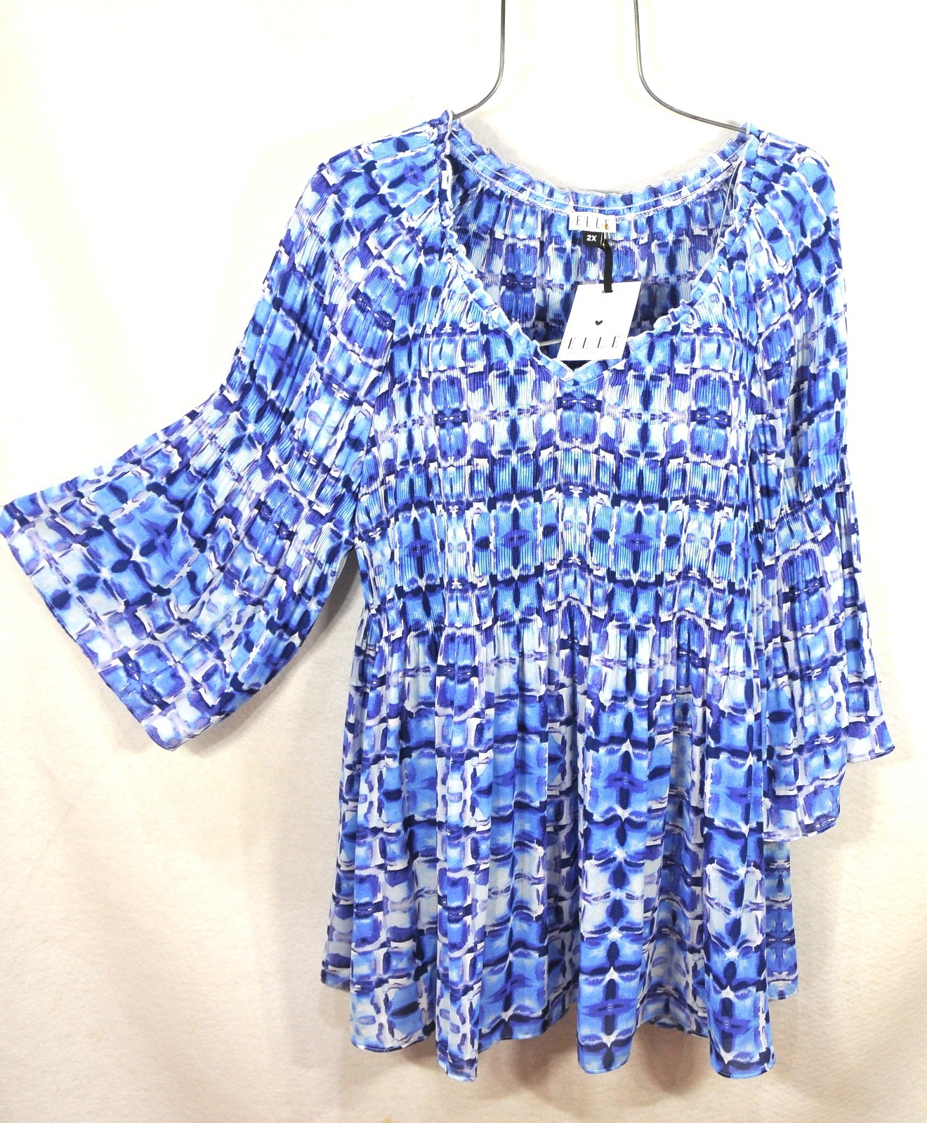 ELLE Women’s Blue Geometric Print Boho Blouse Pleated Bell Sleeve Top 2X NWT