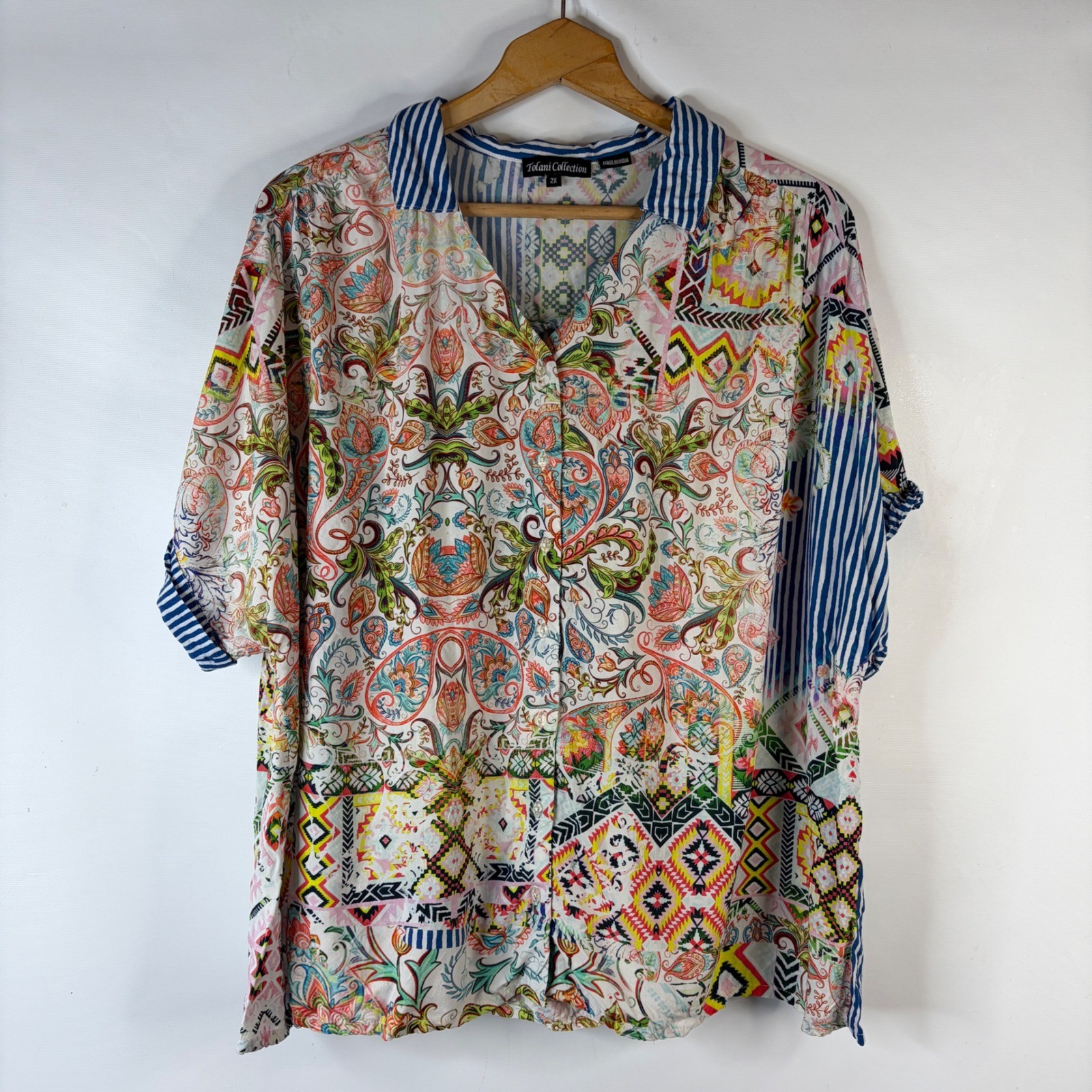 Tolani Collection Button Up Top Womens 2X Multicolor Mixed Print Paisley Boho