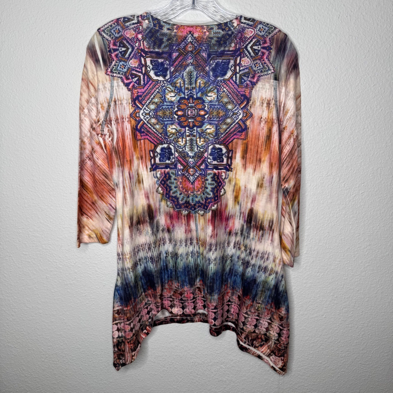 World Unity Women’s Tunic Top Size S Blue Pink Geometric Rhinestone Embellished