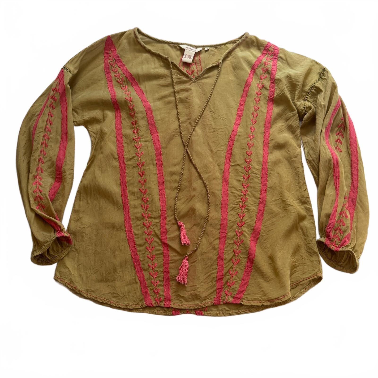 Sundance Olive Green Boho Embroidered Peasant Blouse Top Hot Pink Hearts M
