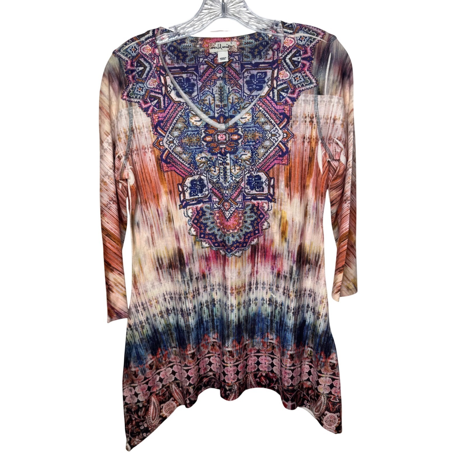 World Unity Women’s Tunic Top Size S Blue Pink Geometric Rhinestone Embellished